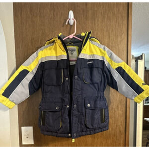 Oshkosh BGosh Boys winter jacket size 4 blue & Yellow detachable hood button zip